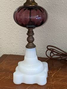 lot 413 image: Hurricane Lamp with Milk Glass Base and Amethyst Globe