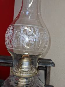 lot 420 image: 2 Kerosene Lamps with Etched Glass Chimneys