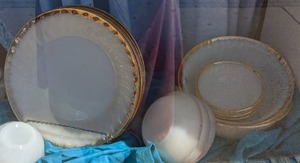 lot 225 image: Anchor Hocking Fire King Milkglass Dishes wGold Filigree Border