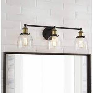 Home Decorators Collection 26.75 in. Evelyn 3-Light Bronze Industrial Bathroom Vanity Light with Clear Glass Shades