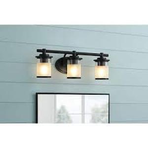 Hampton Bay 23.25 in. Truitt 3-Light Matte Black Transitional Bathroom Vanity Light with Clear and Sand Glass Shades