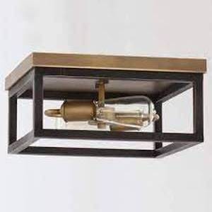 Hampton Bay Boswell Quarter 12-12 in. 2-Light Vintage Brass Farmhouse Flush Mount with Painted Black Distressed Wood Accents