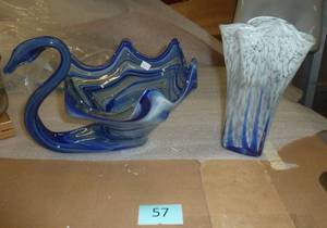 Vintage blue glass swan and blue and white vase