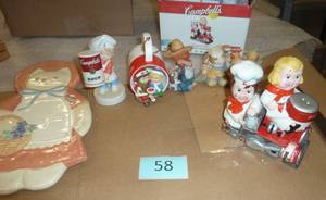 New in box Campbells Soup Salt and Pepper train, campbells ornaments, new cat spoon rest