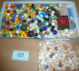 Lot of Marbles including a few large ones, one steel, and a Hummel thimble