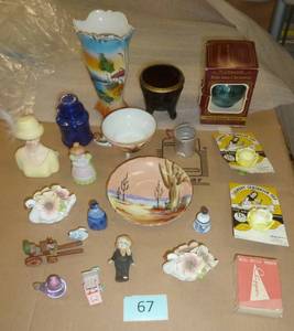 A vintage collection - laundry sprinkler tops and bottle opener new in packaging, ceramic doll with movable arms, 1st edition Hummel ornament, miniatures, lady jewelry holder, ceramic swans