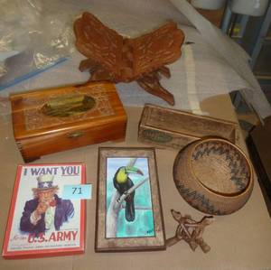 Vintage Old Home cheese box, cedar jewelry box, book rest, uncle sam cards, hand painted box with parrot, wicker bowl and a small stand for circular items