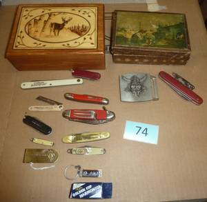 Vintage pocket knives and wood boxes and mini Harmonica, Indian Head Penny