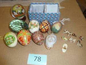Group of Painted Eggs, carved shell, glass spheres and very miniature animals