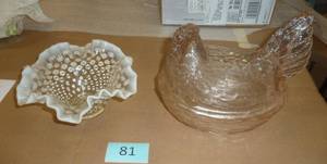 Light pink Nesting Hen and a hobnail clear with white edge bowl