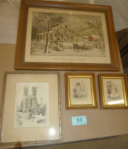 Vintage artwork, 1930 Currier and Ives, Etching of Westminster Abbey and small Mariana etchings
