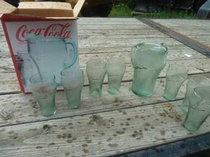 Coca Cola pitcher and 8 glasses - all glass