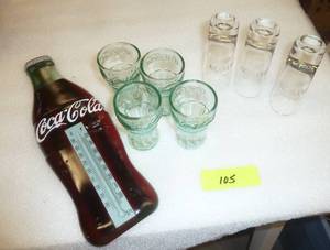 Coca Cola and PATRON - set of 4 small shot glass size Coke glasses all new, 3 Patron Tequila shot glasses, Heavy Plastic Coke thermometer but is missing the actual glass thermometer