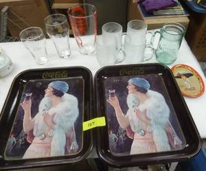 Coca Cola lot of 3 tin trays and 8 new glasses of various design