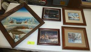Group of framed pictures, one oil painting on mirror, 2 terry redlin ceramic, ducks and deer