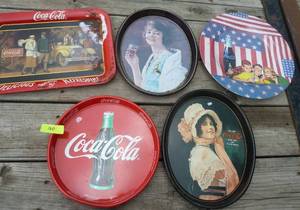 group of 5 Coca-cola trays 4 tin and 1 plastic