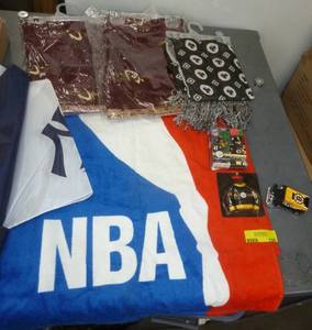 All the sports - New York Yankees umbrella, NBA towel, 3 scarves, Bruins toy, Penguins ornament and a Football lego man