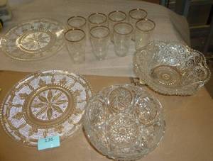Large group of vintage pressed glass plates and bowls and set of 8 glasses with gold rim
