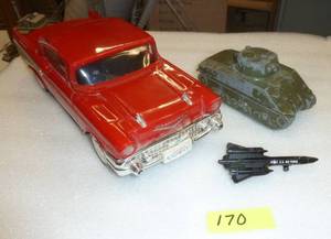 57 Chevy VCR Rewinder (missing ac adapter), old tank and a Air Force jet pencil sharpener