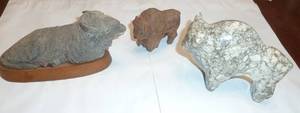 3 hand carved figures, wood water buffalo and small buffalo and a marble buffalo