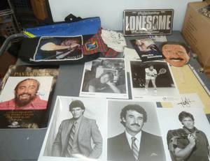 Bunch of photos and autographed items from celebrity names, belt buckles