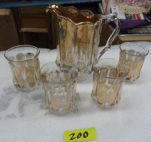 Vintage pitcher and 4 glasses, clear glass with gold wash