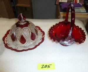 Ruby Red glassware, Fenton piece is handpainted 7x6x8 and the butter or cheese dome is 8 in diameter 6 in tall
