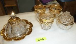Clear glass with gold wash condiment pieces and butter dome