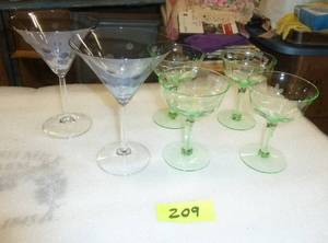 Set of 4 pale green wine glasses and 2 pale blue with etched polka dots martini glass
