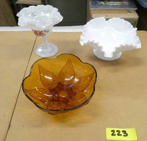 Fenton hobnail bowl and fluted bowl, vintage amber bowl with neat star design