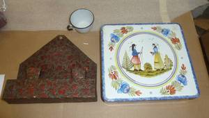 Vintage matchbook holder to hang on the wall, tin cup and cookie tin