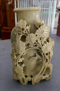 Vintage Chinese Hand Carved Soapstone Vase with Leafsflowers (some think it is neophrite jade)