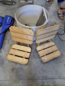 lot 209 image: 2- Wooden Chairs  Pail & wire
