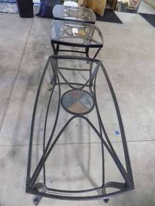 lot 242 image: Two end tables  Coffee table indoor outdoor metal with glass top