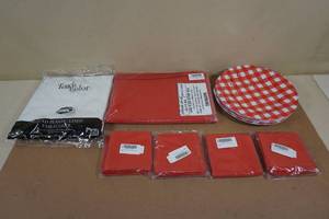 lot 33 image: Plastic Table Cloth, Place Mats, Cloth Napkins, Plastic Plates
