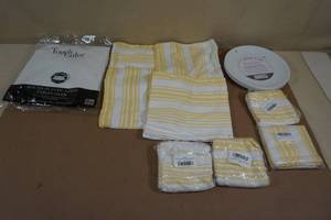 lot 34 image: Plastic Table Cloth, Place Mats, Cloth Napkins, Plastic Plates