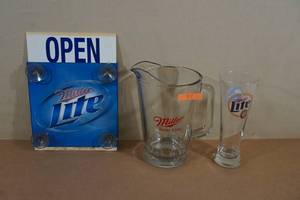 lot 85 image: Miller Lite Window Sign, Beer Glass and High Life Pitcher