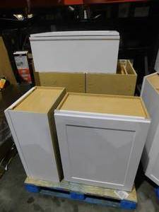 lot 14 image: Hampton Bay Shaker Satin White Stock Assembled Kitchen Cabinet Lot of 5