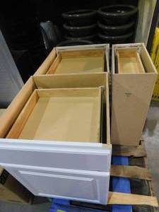 lot 17 image: Hampton Bay Hampton Satin White Raised Panel Stock Kitchen Cabinet Lot of 3