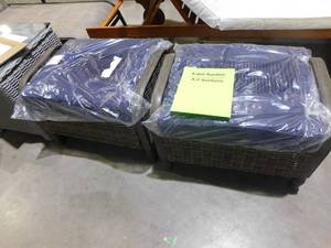 lot 50 image: Top Rated Hampton Bay Windsor Brown Wicker Outdoor Patio Ottoman with CushionGuard Midnight Navy Blue Cushions (2-Pack