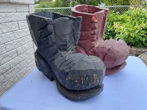 lot 258 image: 2 Hand Carved Wooden Boot Planters