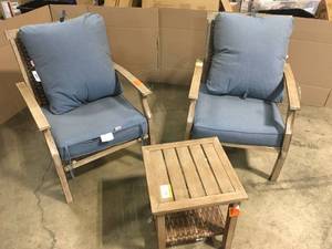 Hampton Bay Geneva Brown Wicker and Metal Outdoor Patio Lounge Chair with Sunbrella Denim Blue Cushions (2-Pack) - Open Box - Review all pictures