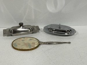 lot 50 image: Vintage Handheld Vanity Mirror and Butter Dishes