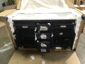 Windlowe 61 in. W x 22 in. D x 35 in. H Bath Vanity in Navy Blue with Carrara Marble Vanity Top in White with White Sink by Home Decorators Collection Customer Returns See Terms on Auction