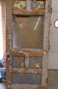 VINTAGE GRAY WOODEN DOOR WITH BROKEN WINDOW PANE