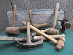 VINTAGE TOOLS AND GALVANIZED BOX