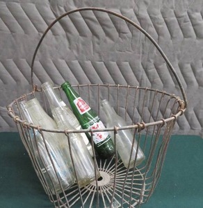METAL EGG BASKET WITH VINTAGE POP BOTTLES