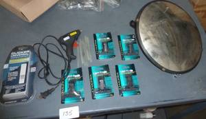 lot 135 image: New door latch handles, universal garage door opener, glue gun and safety mirror