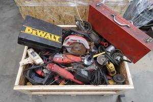 WOOD CRATE OF TOOLS.