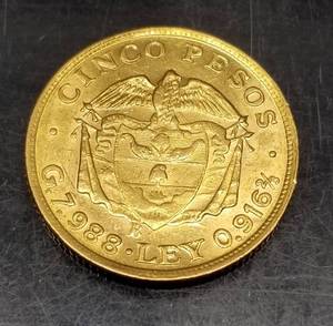 1924 COLUMBIA CINCO PESO GOLD COIN .235 TROY OZ PURE
